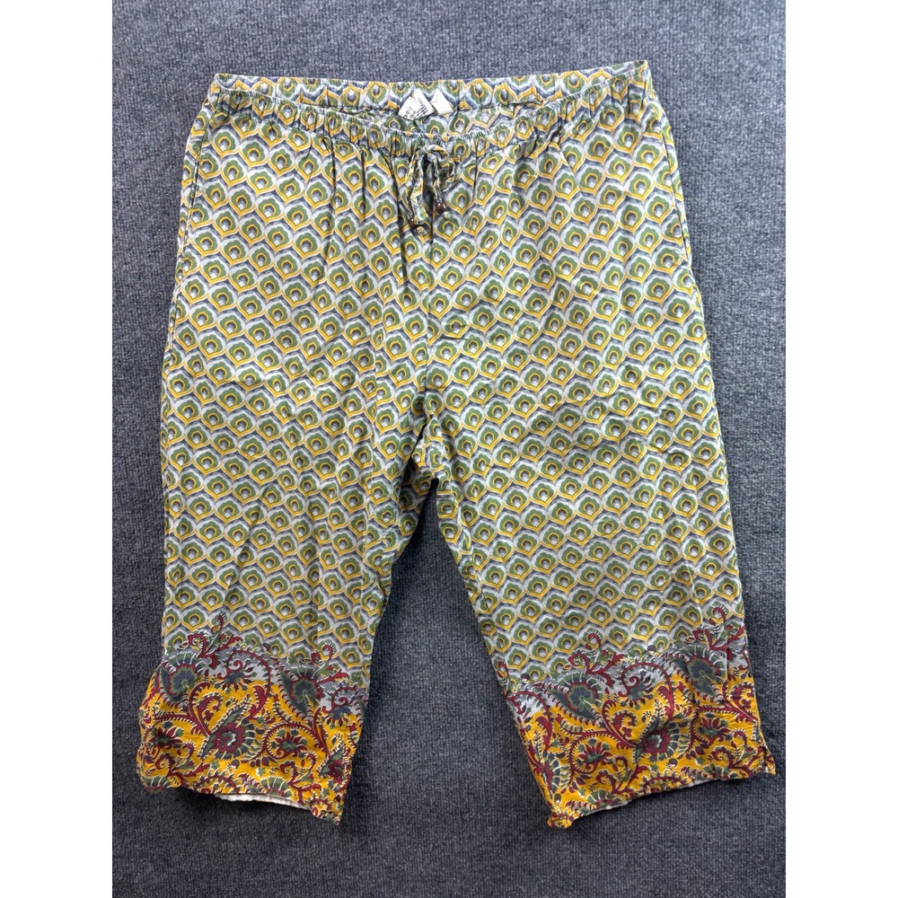 Sudara Punjammies Capri Pajama Pants Womens L Yellow Green Paisley Cotton Lounge